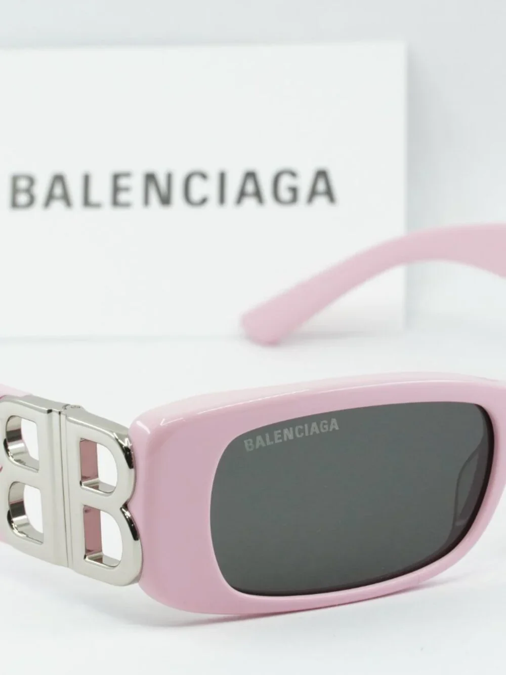 Balenciaga BB0096S 012 Rectangle Sunglasses - Pink / Grey